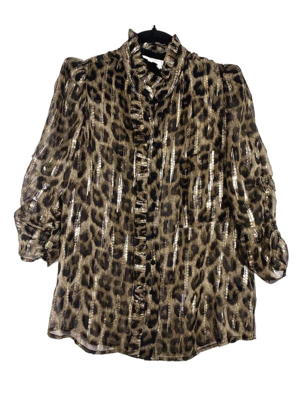 ba&sh Jaura Metallic Leopard Print Blouse Ruffle Mock Neck‎ Sheer Gold Small